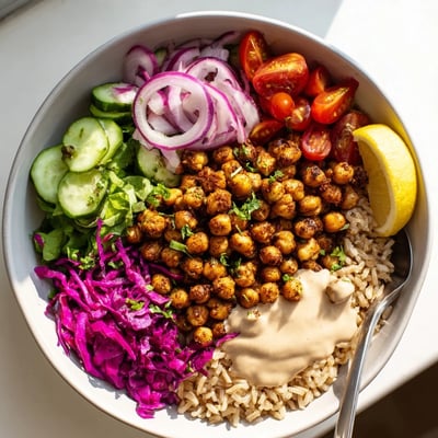 Colorful chickpea shawarma bowl layered over fluffy quinoa with fresh cucumber and tomatoes
