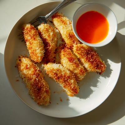 Crispy crunchy coconut chicken arranged on a platter alongside mango chutney