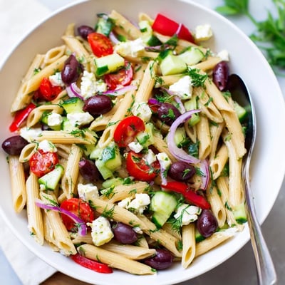Colorful Greek Pasta Salad tossed in zesty lemon dressing on a rustic table