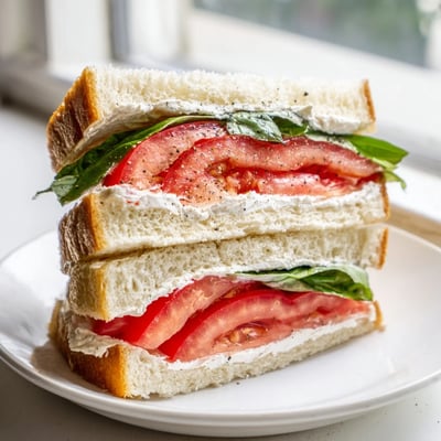 Classic tomato sandwich with thick-cut slices basil and golden crusty bread