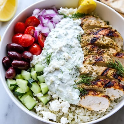Colorful Greek Chicken Bowls topped with crisp cucumbers, ripe tomatoes, and tangy feta cheese